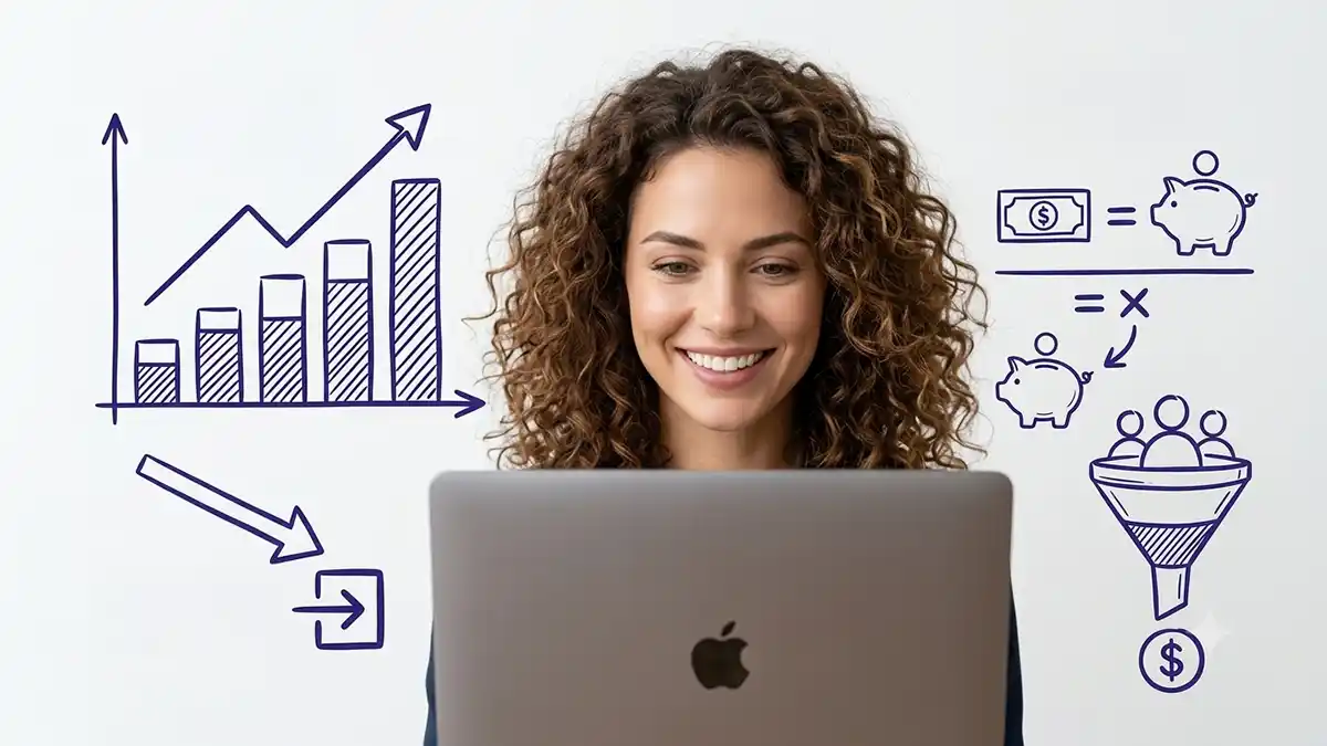 mulher em frente de computador com elementos de MRR CAC E SAAS