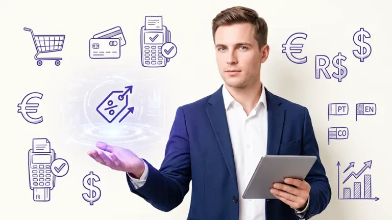 Homem com tablet na mao e holograma na outra de vendas, elementos checkout, dolares, real, euro carrinho, de fundo