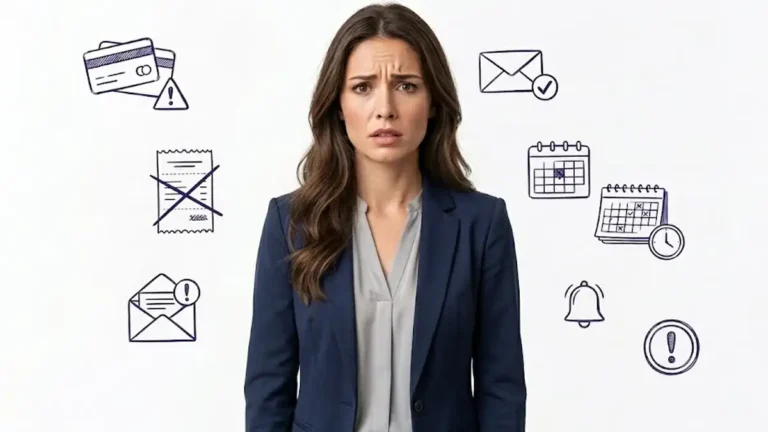 mulher com expressão séria e preocupada com email, cartão de crédito, avisos de fundo