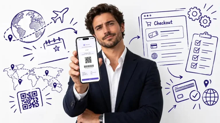 empresário mostrando o etick do smpartphone e de fundo elementos internacionais, checklist, mundo, qr code