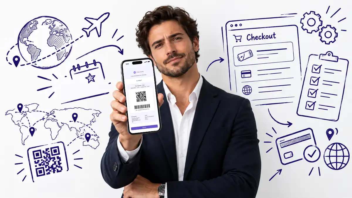 empresário mostrando o etick do smpartphone e de fundo elementos internacionais, checklist, mundo, qr code