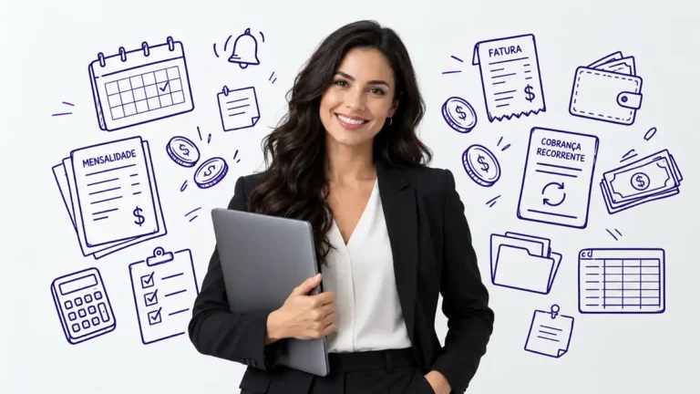 mulher com laptop na mão e fundo elementos de organização, pagamento, checklist, dinheiro