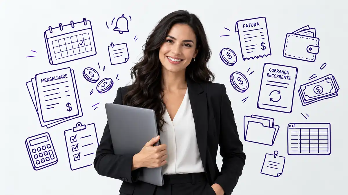 mulher com laptop na mão e fundo elementos de organização, pagamento, checklist, dinheiro