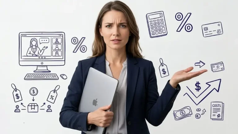 Mulher empresaria segurando computador com elementos de taxa, calculadora, percentagem de fundo