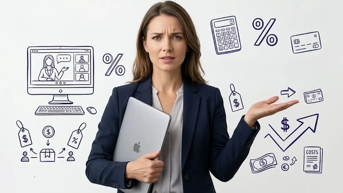 Mulher empresaria segurando computador com elementos de taxa, calculadora, percentagem de fundo
